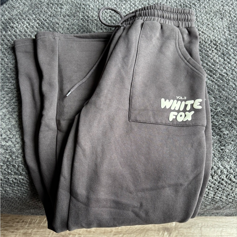 White Fox Boutique Wide Leg Sweatpants in Charcoal with White Logo